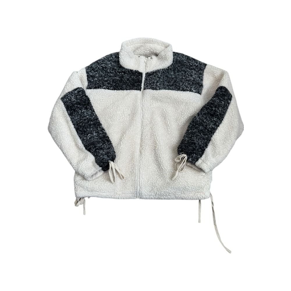 Pol Fleece Sherpa Jacket Cream White Gray Collared Pullover Drawstrings Womens M